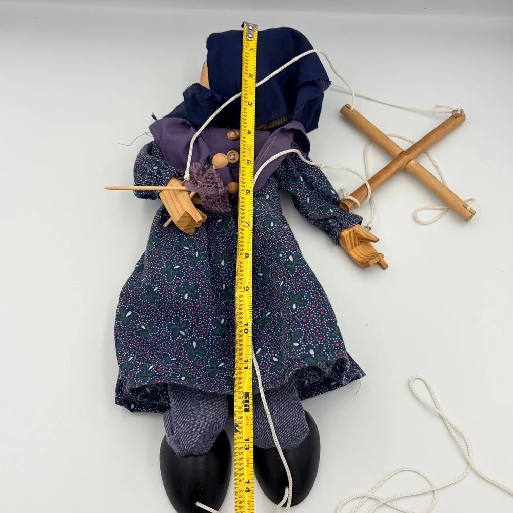 Vintage Marionette Puppet Folk Art Doll Blue‎ Floral Dress Wood Face